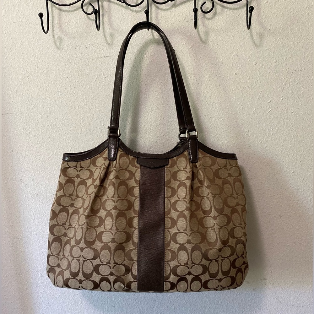 Coach Signature Stripe Devin Shoulder Tote Bag